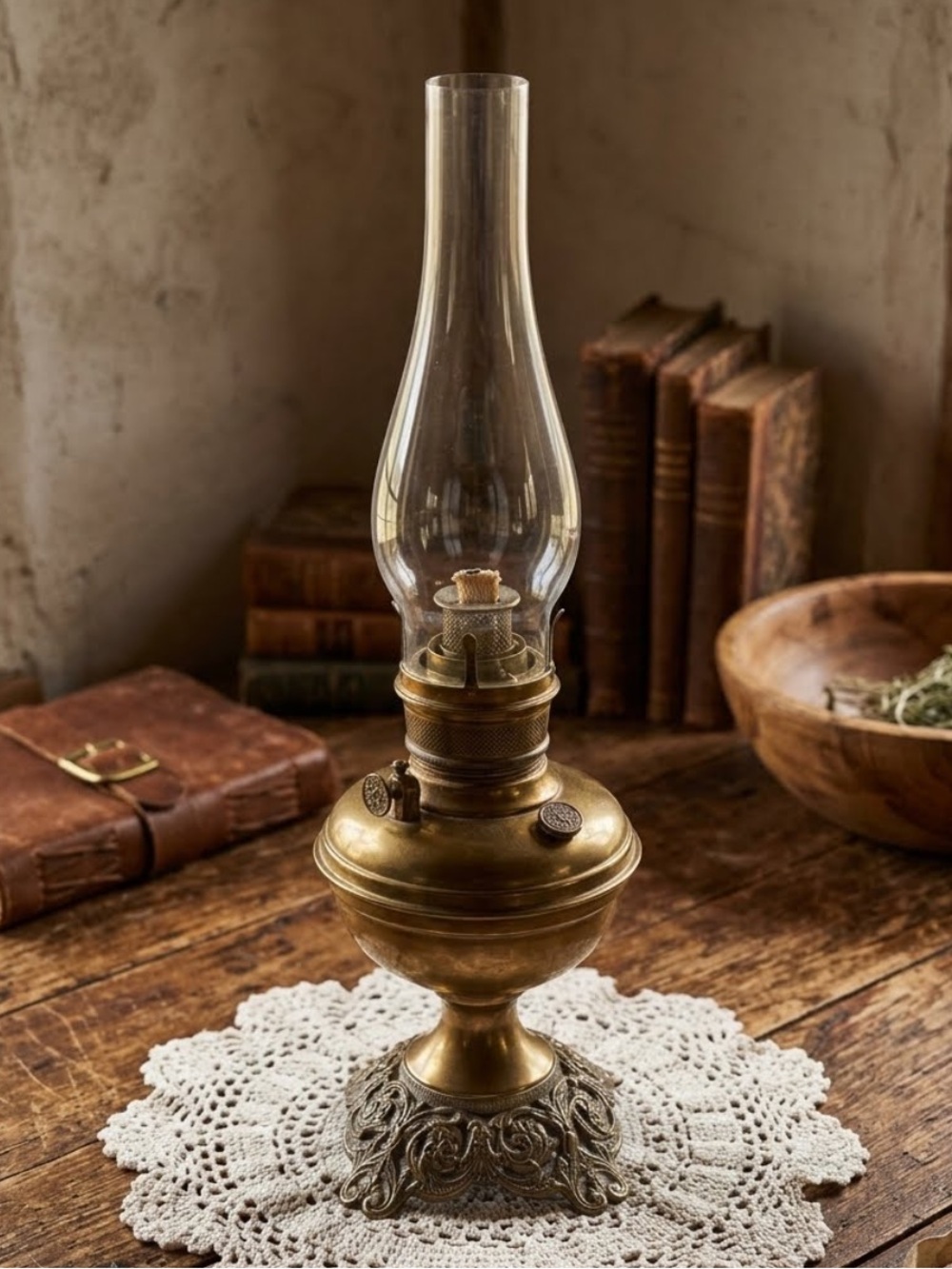 Antique brass kerosene oil lamp
1910, ornate iron base, 
glass chimney